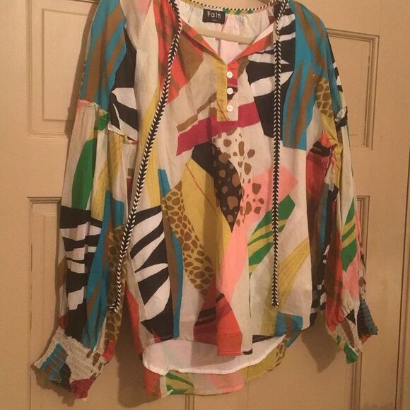 Fate Cotton Half Button Colorful Patterned Tie Blouse - Picture 7 of 11